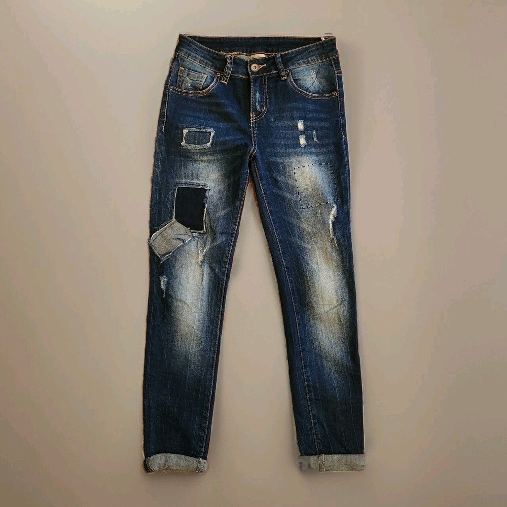 HAND WORK DENIM JEANS Women's Size 27‎  Crop Patchwork Stretch Cuffed Low Rise